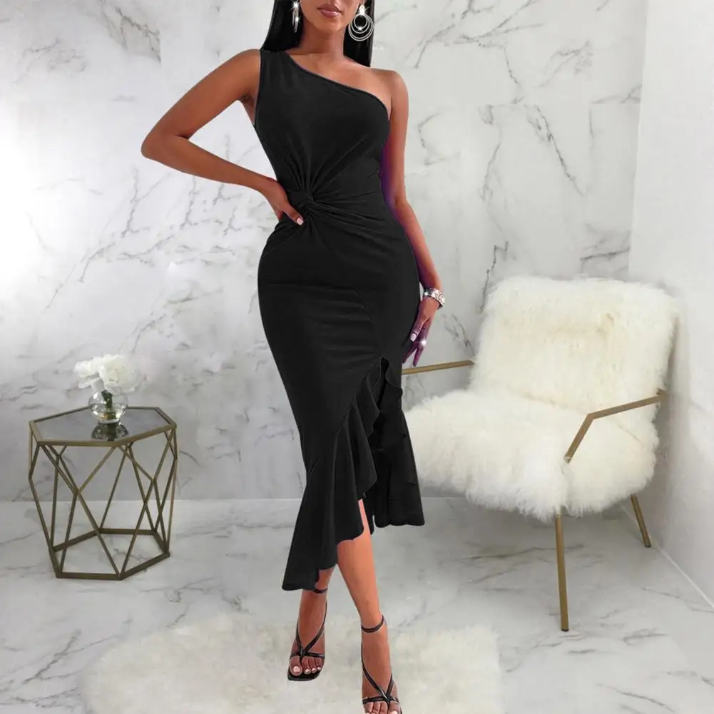 

Chic Women Sheath Dress Pleated Breathable Prom Dress Sleeveless Ruffle Prom Dress