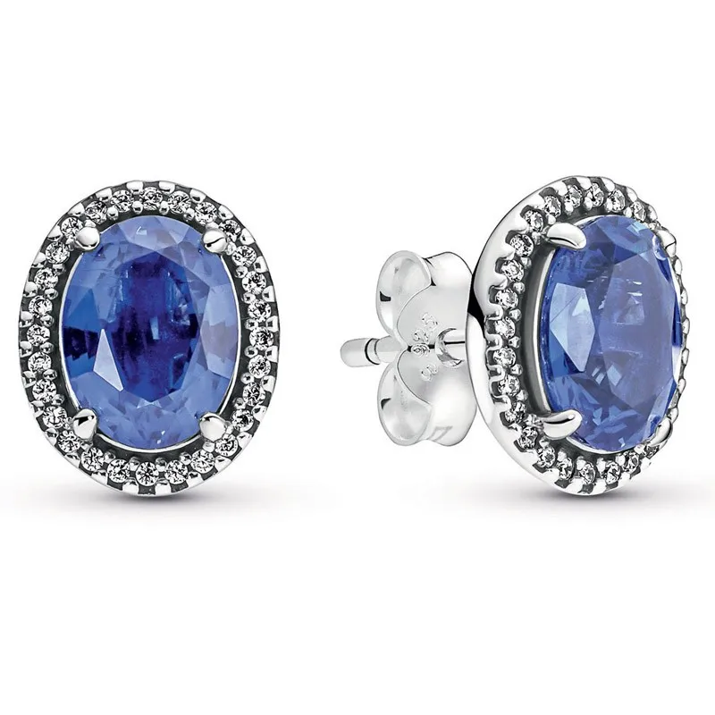 

Authentic 925 Sterling Silver Sparkling Statement Halo Blue With Crystal Stud Earrings For Women Wedding Gift Fashion Jewelry