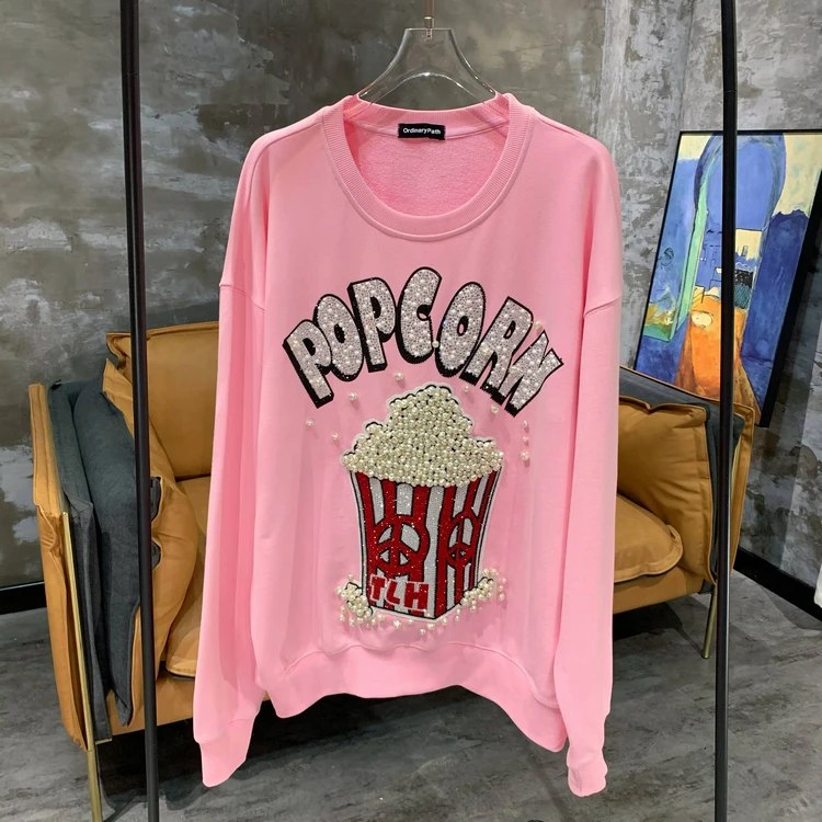 New Fashion Autumn Women Clothes Trendy Pearl Rhinestone Popcorn Long Sleeve Pink Sweatshirt O-neck Age Reducing Hoodie Tops