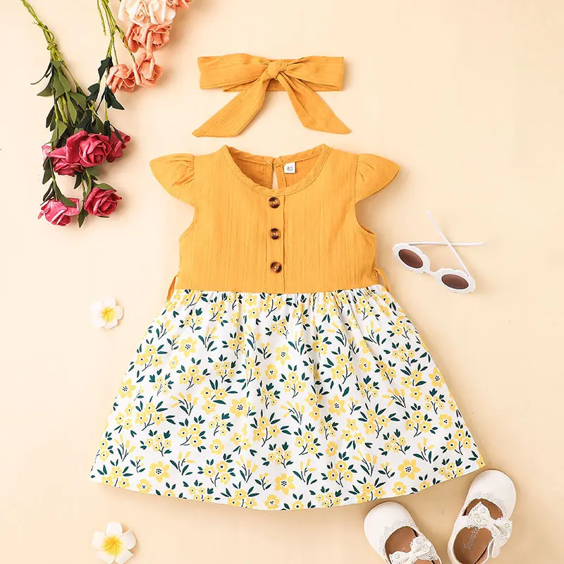 

Toddler Girls Clothes European and American Summer New Fly Sleeved Floral Dress + Headbands 2PCS Outfits Kids Bebes Tracksuits