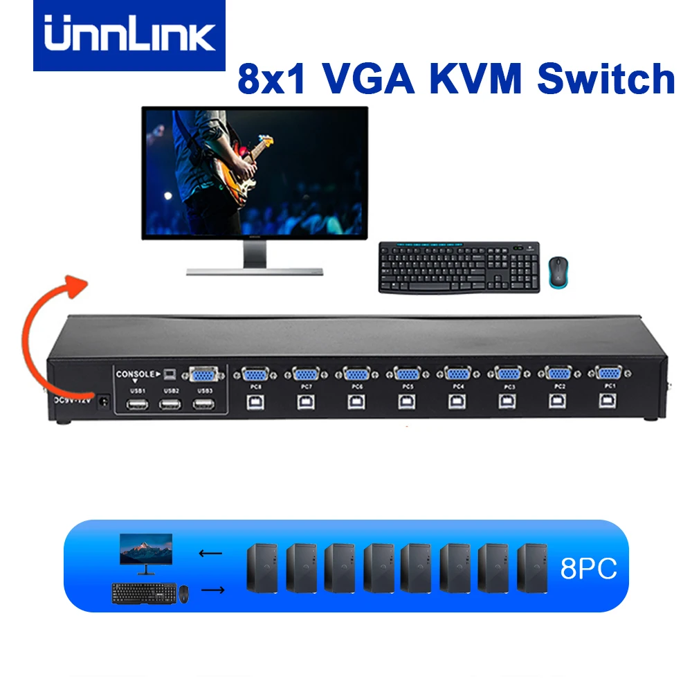 

Unnlink VGA KVM Switch 8 in 1 out 1080P Switcher Converter 8 Computer Laptop Share 1 Monitor 3 USB 2.0 for Mouse Keyboard