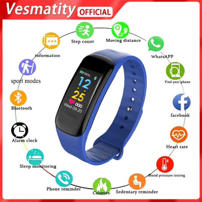 

Vesmatity C1plus Smart Bracelet Color Screen Sports Bracelet Pedometer Heart Rate Blood Pressure Measurement Men Women Bracelet
