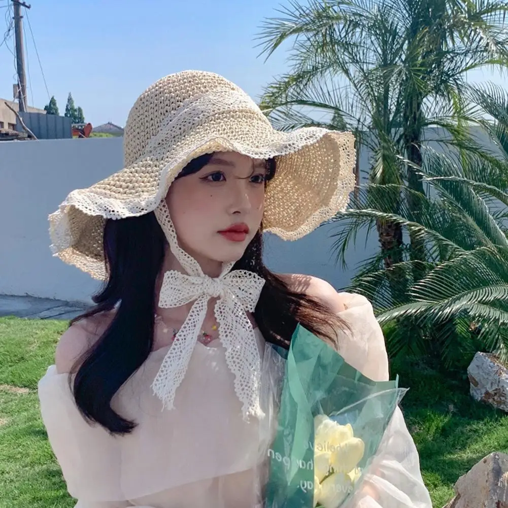 

Women Summer Straw Hat Foldable Wide Large Brim Beach Cap Solid 56-58cm Cap Color UV Lace Protection R9V6