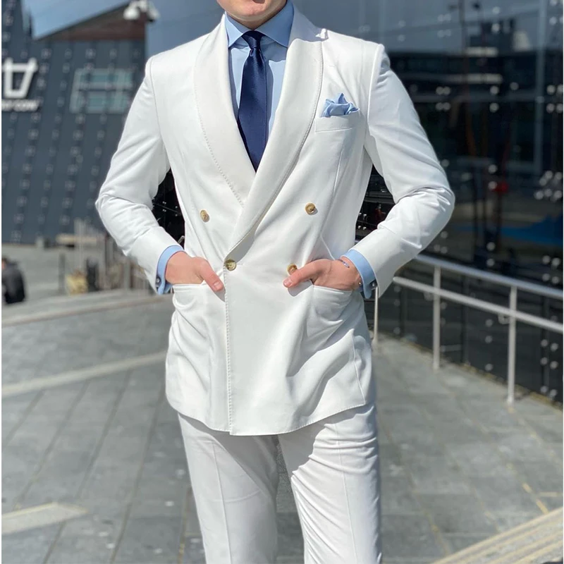 

Мужской двубортный блейзер с отложным воротником, белые смокинговые костюмы для жениха, свадебные костюмы, костюм для мужчин, Бракосочетание, 2 предмета