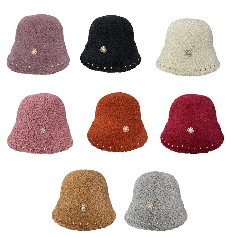 

Fashion Bucket Hat Fisherman Hat Female Autumn and Winter Willow Nails for rhinestone Thickened Warm Lamb Velvet Basin H
