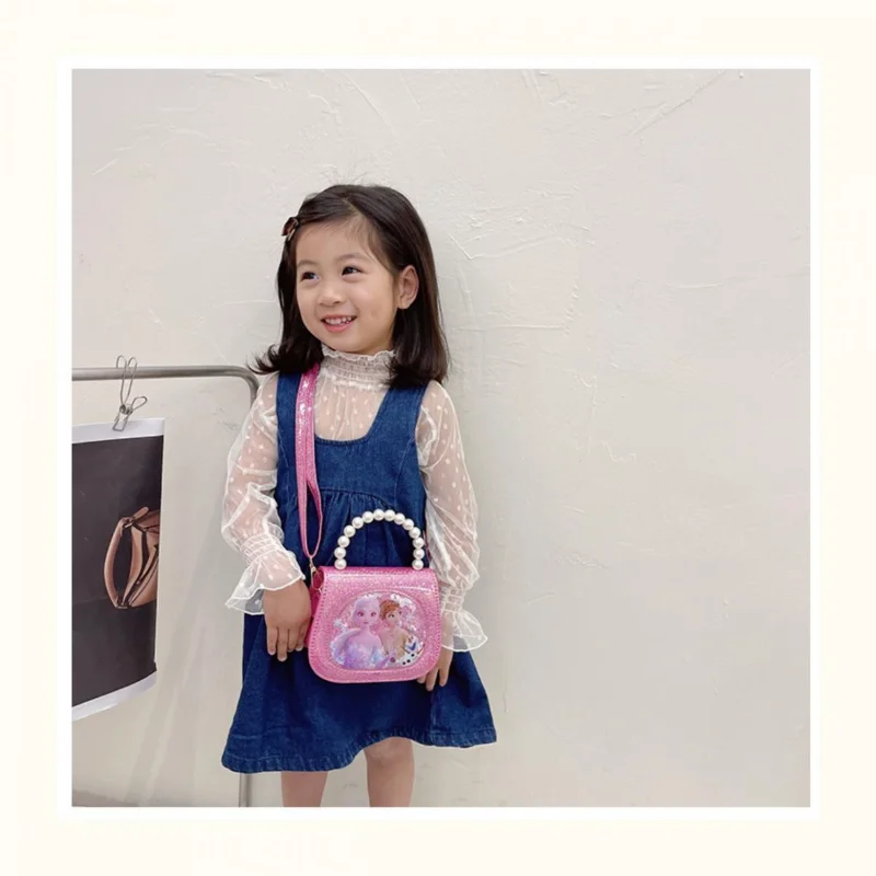 Disney Shoulder Bag for Girls Frozen Princess Elsa Cartoon Crossbody Bag with Pearl Kids 3-6 Years Old Waterproof Portable Tote