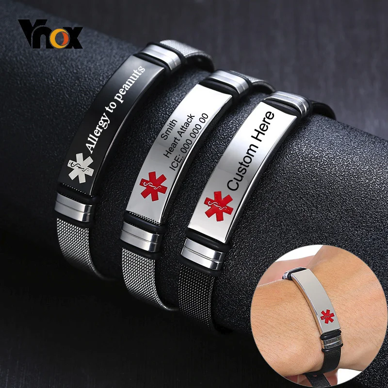 

Vnox Personalize Medical Alert ID Bracelets for Men Women Adjustable Watch Design Mesh Band Emergency Reminder Type 1 Diabetes