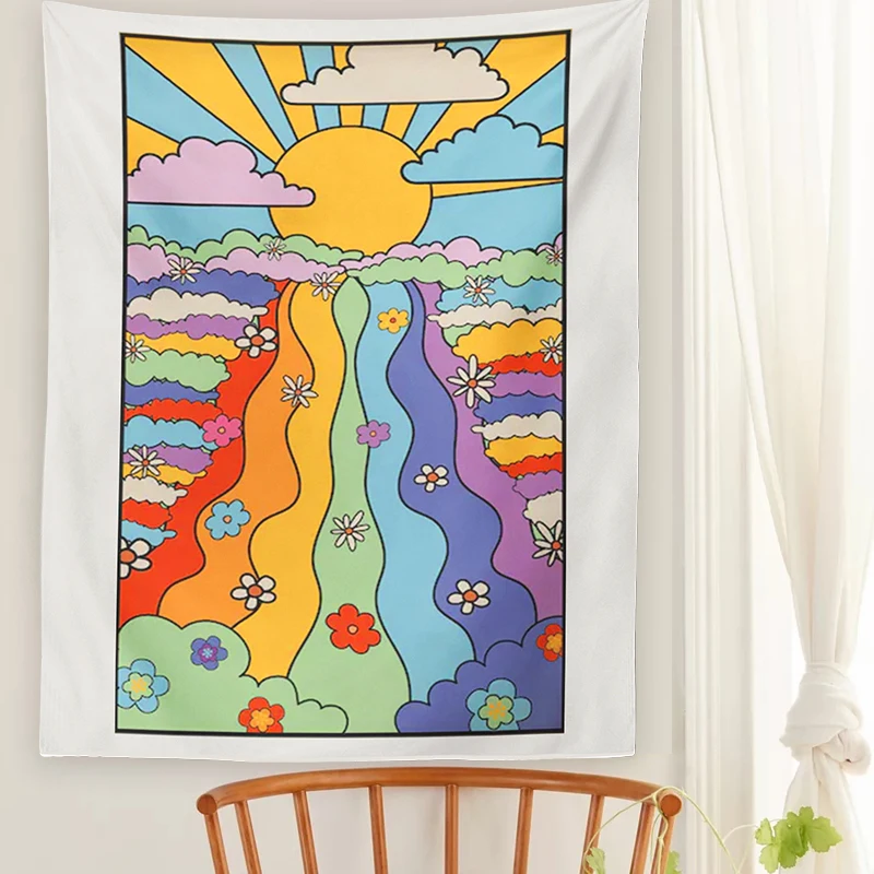 

70's Girly Rainbow and Floral Tapestry Wall Hanging 70's Sunset and Flowers Tapestry Decor Living Room Bedroom Bohemian Print