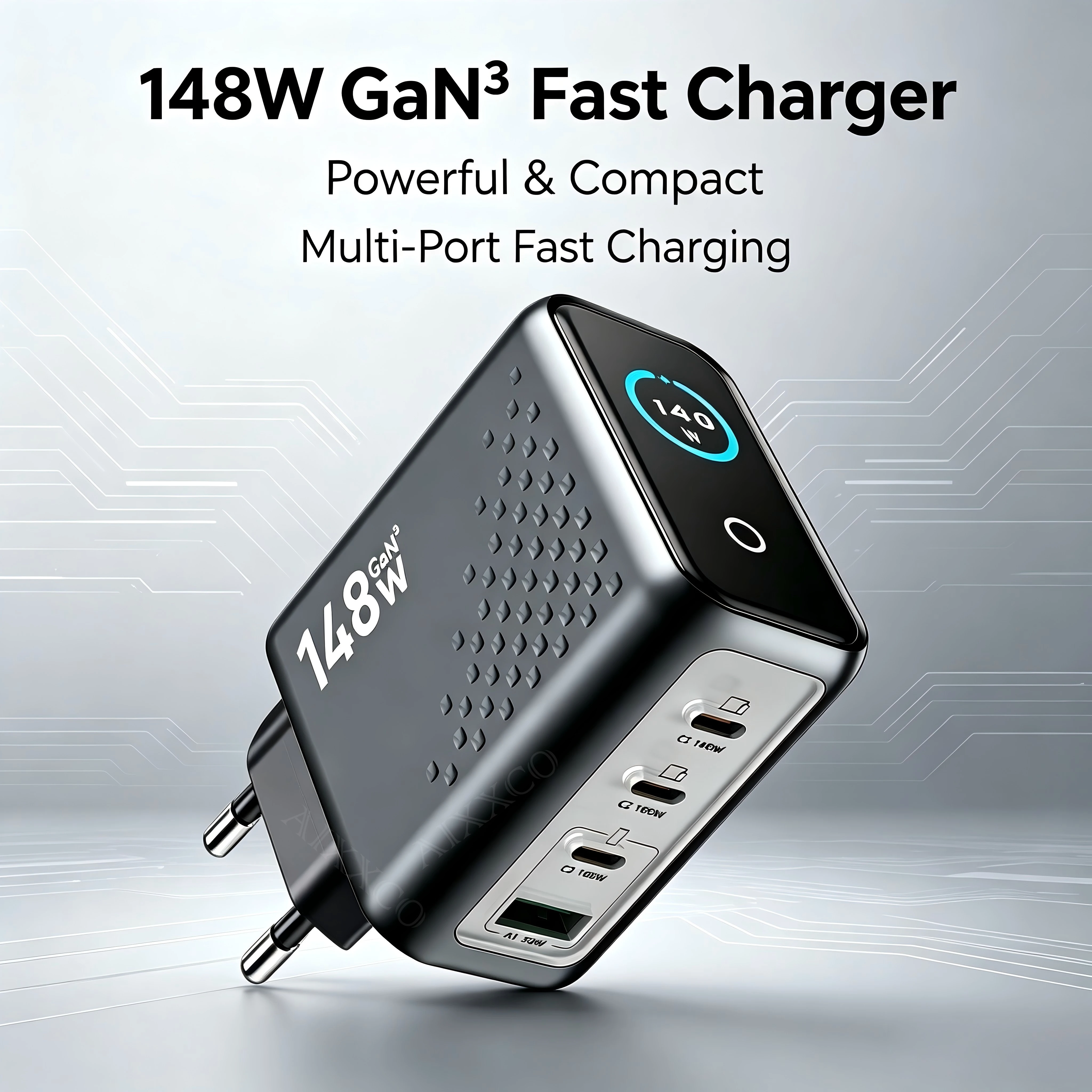 Фото 148-ваттное GaN-зарядное устройство с 4 портами USB-C, компактный сетевой адаптер с интеллектуальным дисплеем для MacBook, iPad, iPhone (без аккумулятора) №1