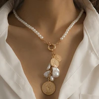 vintage irregular imitation pearls pendant necklaces for women fashion gold color portrait coin chain necklaces jewelry collar
