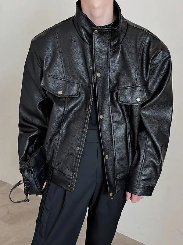 Кожаная куртка с американским воротником-стойкой мужская весенне-осенняя