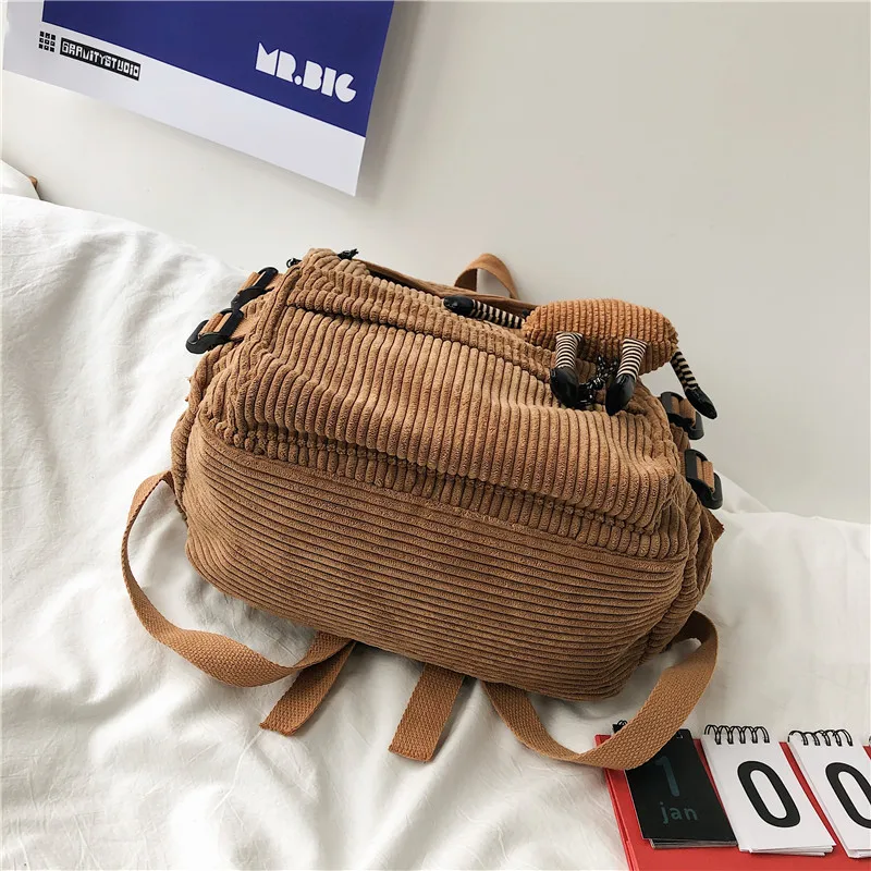 Fashion Casual Minimalist Backpack Solid Colour Cute Retro Corduroy Anti-Theft Backpack Students Teenage Girls Travel Shoulder B
