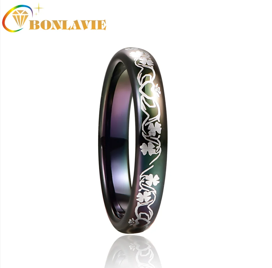 

BONLAVIE 4mm Tungsten Carbide Ring Black Celtic Caldagh Four-leaf Clover Wedding Band for Men Women Comfort Engagement Jewelry