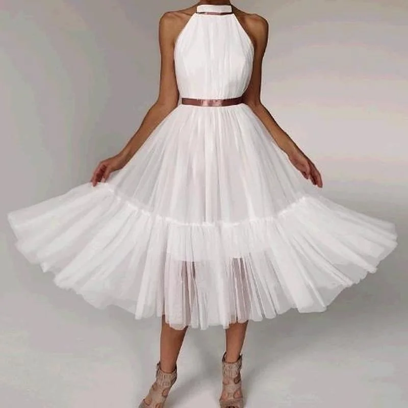 

Solid Color Mesh Temperament Commtue Dresses for Women 2023 Fashion Sexy Backless Ruffled Net Yarn Elegant Party Banquet Dress