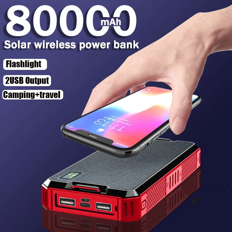 Solar Power Bank Wireless 80000mAh Portable Charger High Capacity Outdoor Travel  Auxiliary Battery Flashlight for iPhone MI