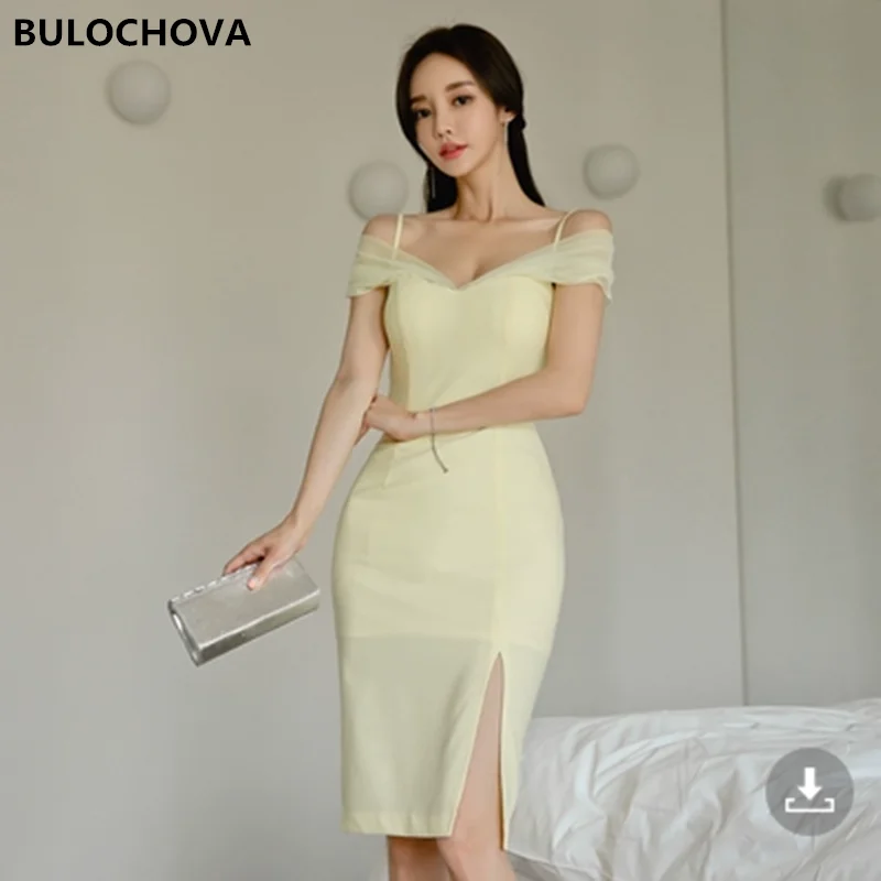 

Korean Sexy Leaky Shoulder Summer Bodycon Knee Length Dress Women V Neck Mesh Patchwork Slim Pencil Vestidos Female 2022 New