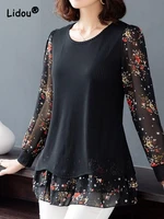 elegance office printing patchwork lady fake twopiece top new classic long sleeve round neck loose comfortable pullover t shirt