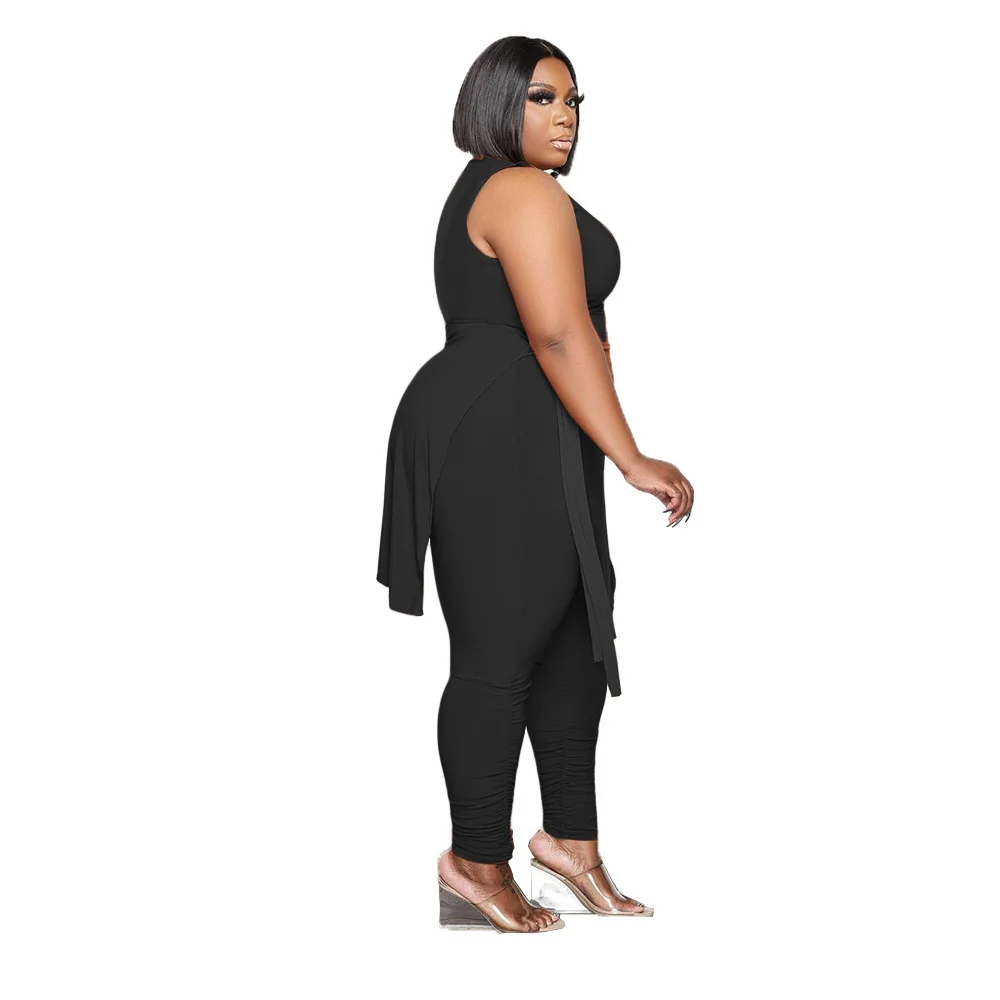 Plus Size Casual Women Clothing Two Piece Outfits Sleeveless Round Neck Bandage Crop Tops Pants Sets Wholesal 3xl 4xl 5xl 6xl