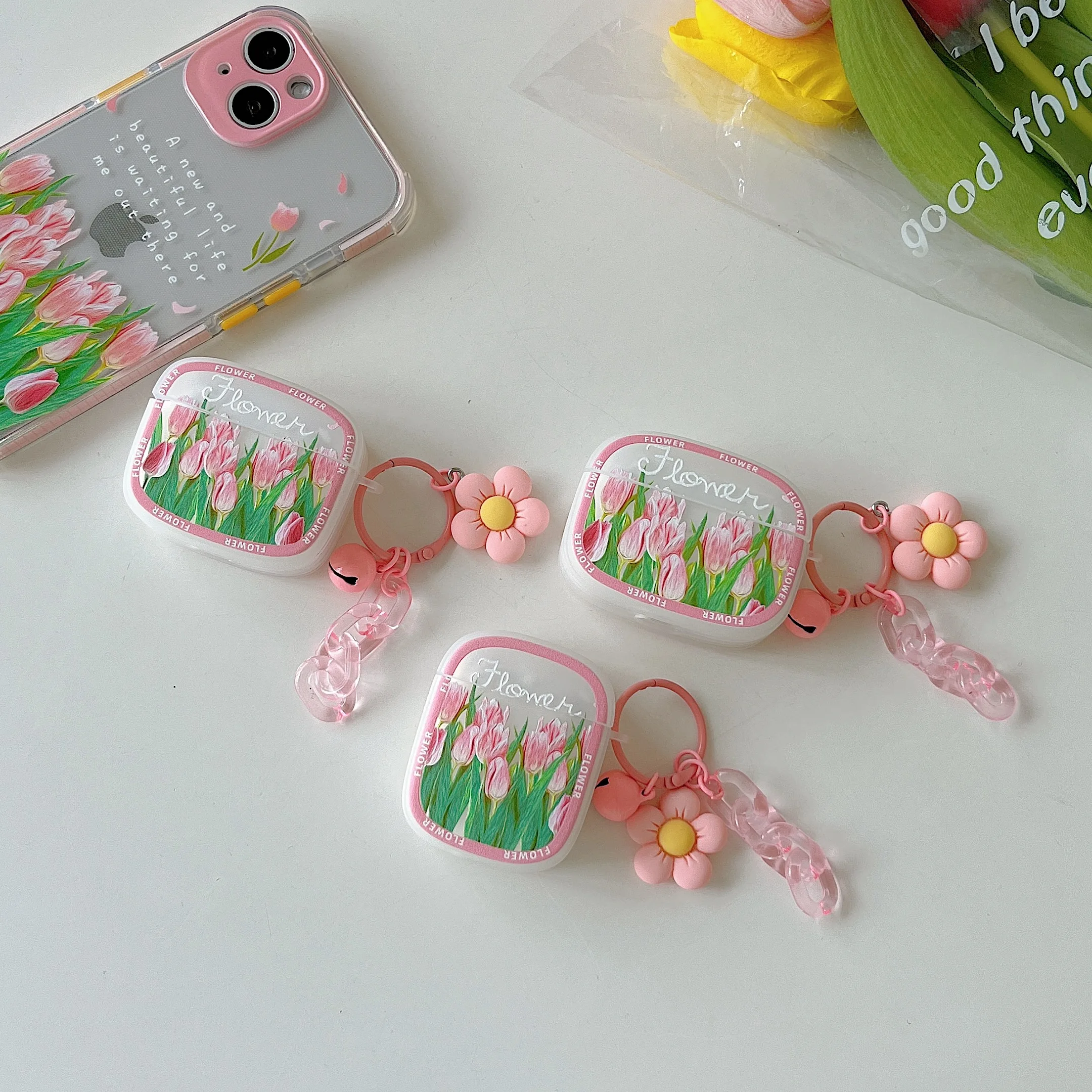 

Ins Pink Tulips Pendant with Earphone Case Phone Case For IPhone 13 12 11 Pro Max X Xs XR Airpods Pro 3 2 Shockproof Cover