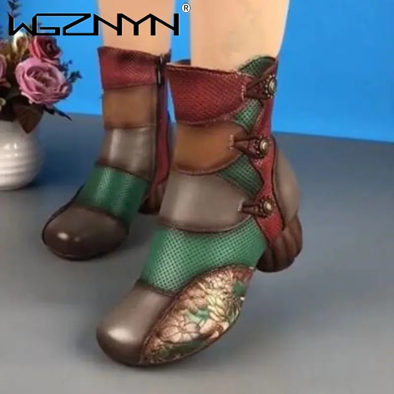 

Women Retro Boots 2023 New Woman Short Boots Mixed Colors Genuine PU Leather Autumn/Winter Shoes Square Heels Female Footware