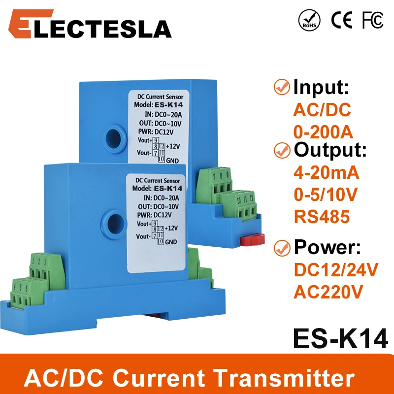 

ES-K14 Передатчик переменного и постоянного тока на DIN-рейку 0-200 А Датчик тока Холла Выход датчика тока 4-20 мА DC24 В 220 В Источник питания