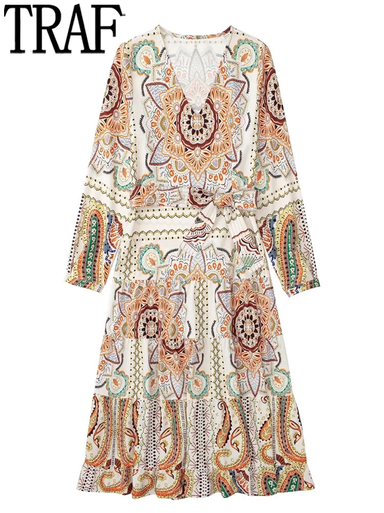 

Платье женское средней длины с длинным рукавом и рюшами, в стиле бохо