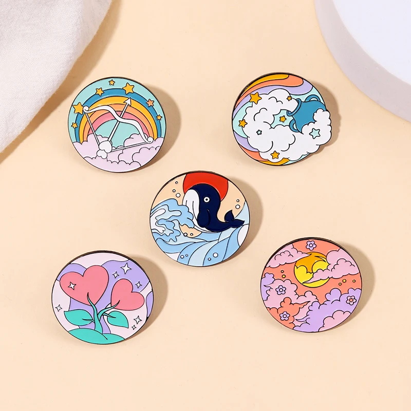 

Cartoon Rainbow Sunset Clouds Nature Oil Painting Enamel Pins Custom Ocean Whale Flower Brooch Lapel Badge Jewelry Gift for Kids