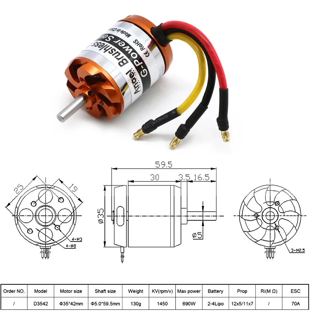 D3542 1450KV 1250KV 1000KV Бесщеточный двигатель для мультикоптера Outrunner