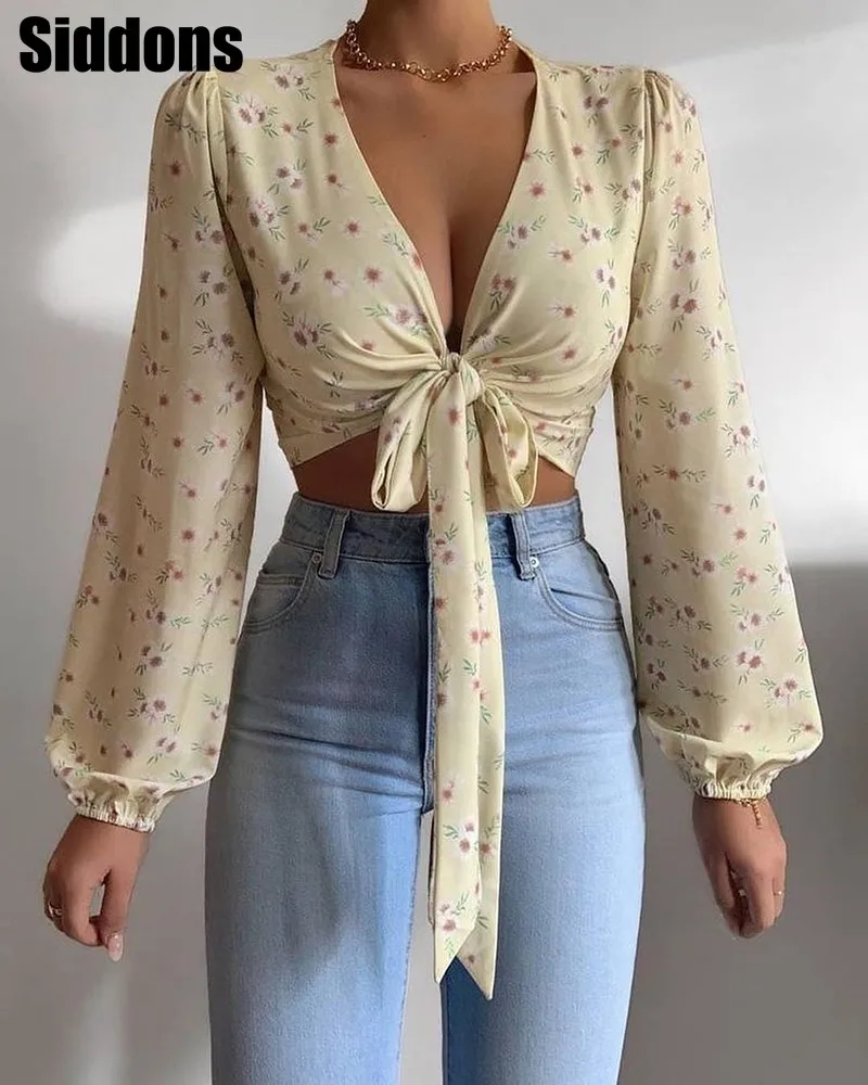 

Spring Flare Long Sleeve Beach Shirts Blouse Solid Sexy Deep V Neck Women Shirt Blusas Summer Tie-Up Hollow Out Tops Streetwear