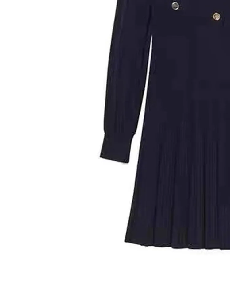 

2022 Spring New Women's Solid Color Slim Knit Dress High Waist Lantern Sleeve Metal Button Ladies Turn-Down Collar Pleated Robe