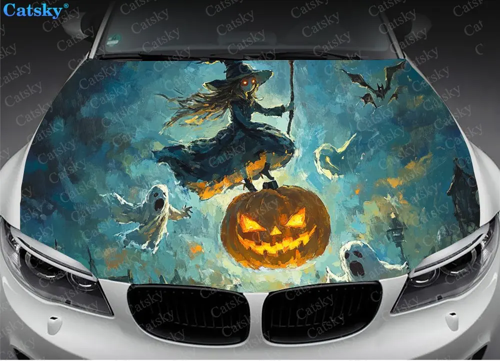 Виниловая наклейка на капот автомобиля с изображением светящейся тыквы