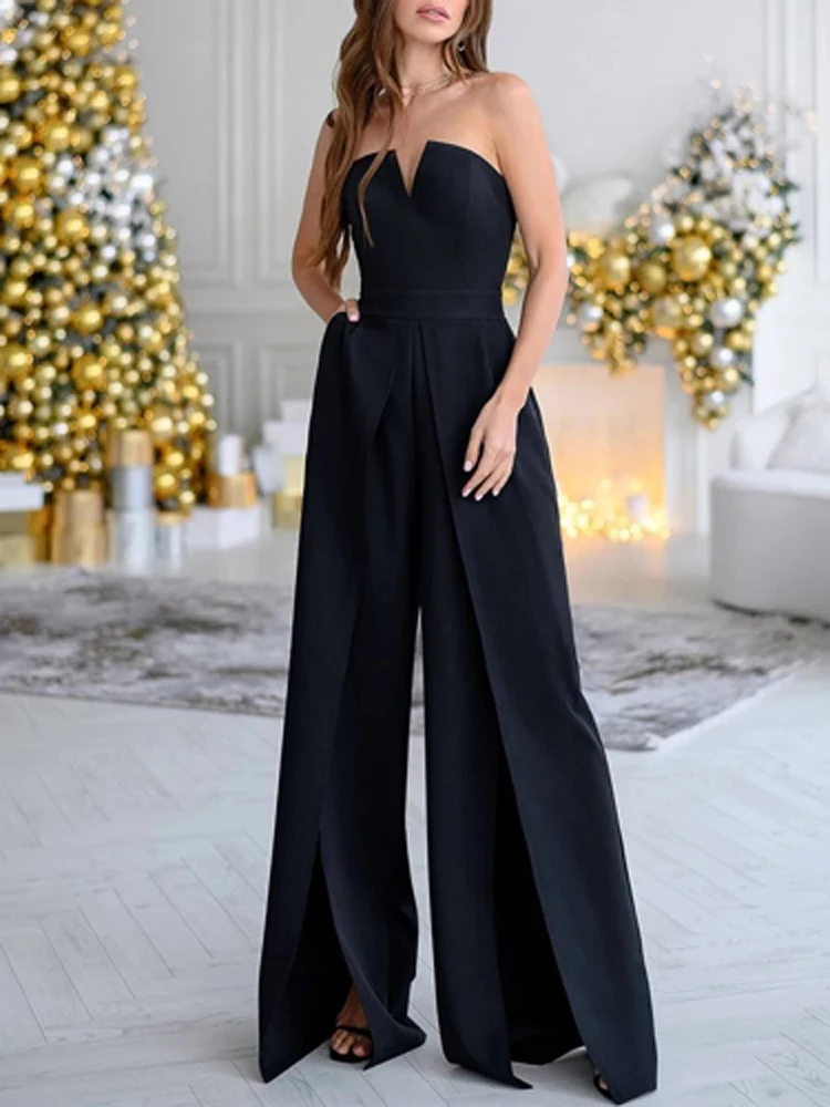 

Summer V Neck Wrap Night Party Jumpsuits Sexy Off Shoulder Backless Office Romper Women Sleeveless Wide Leg Pants Slit Playsuit