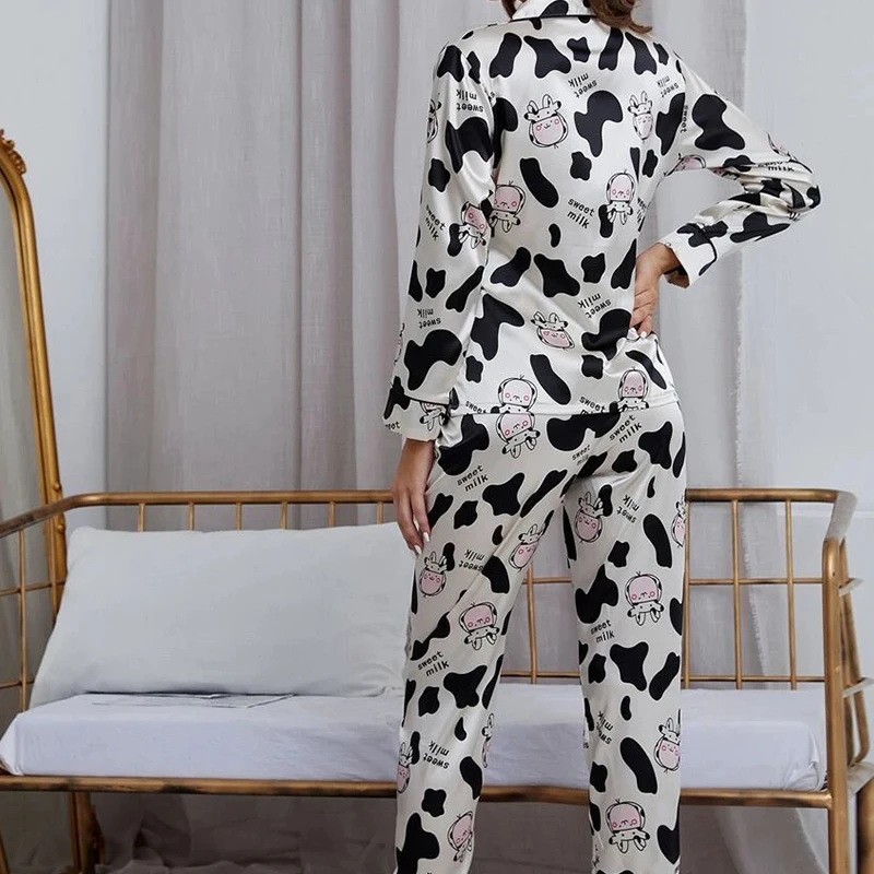 New Cow Pajamas Summer Long Sleeve Trousers Suit Cardigan Sweet Women's Home Service Two-piece Suit Pajamas Set Ice Silk Pyjamas