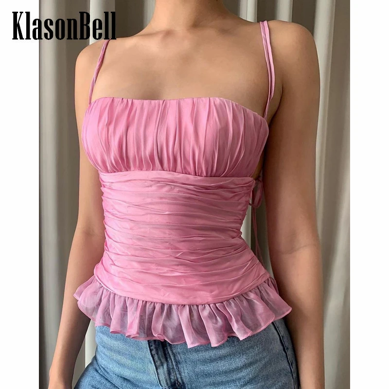

6.24 KlasonBell Holiday Sexy Backless Pleated Ruffle Suspender Tank Top Women
