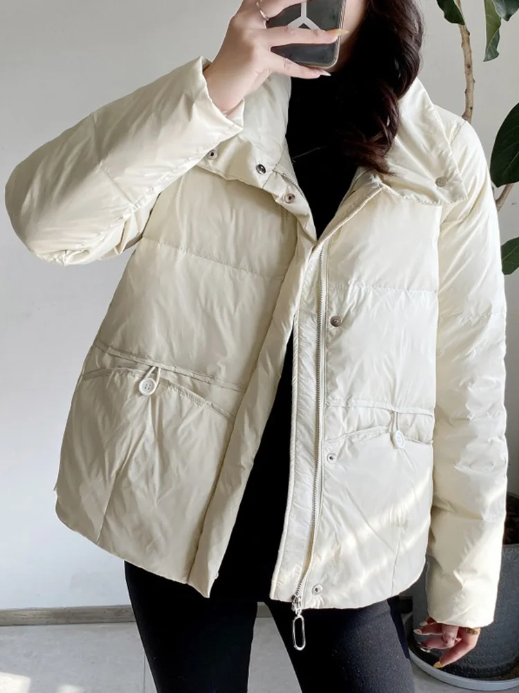 

FTLZZ Winter Female Stand Collar Button Zipper Solid Jacket Women White Duck Down Coat Casual Loose Light Down Outwear