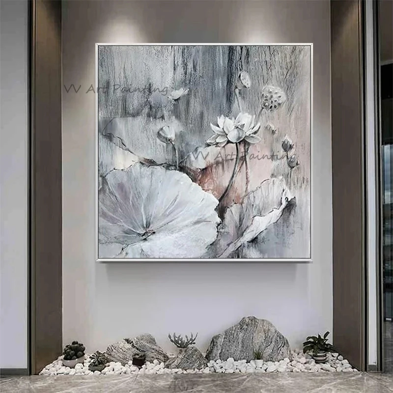 

100% Handmade Floral Oil Painting Creative Pure Lotus Wall Pictures for Home Hotel Decor Palette Mural Oil Painting No Framed