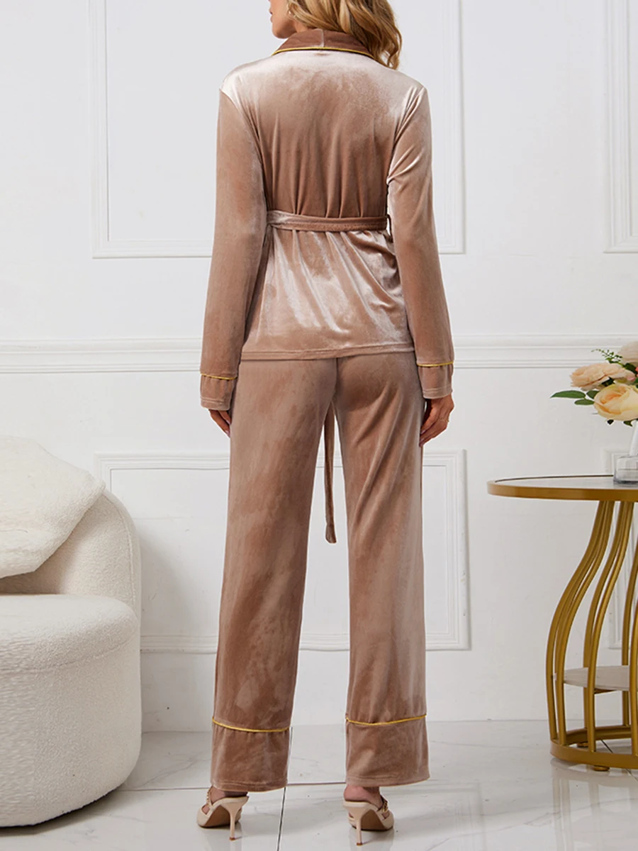 Fall Winter Women Warm 2Pcs Pajamas Set Ladies Rose Embroidery Gold Edge Long Sleeve Button Up Belted Tops + Pants Set Sleepwear