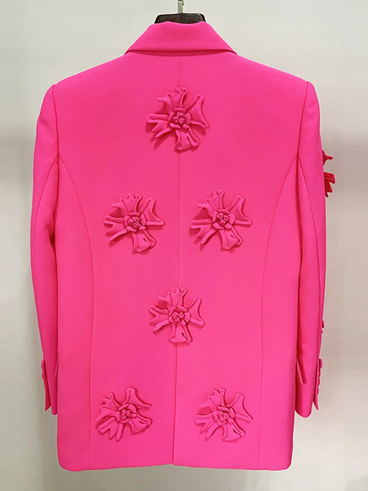 ZJYT Luxury 3D Flroal Long Blazers for Women Jacket Coat Autumn Winter Turn Down Collar Party Office Outerwear Elegant White