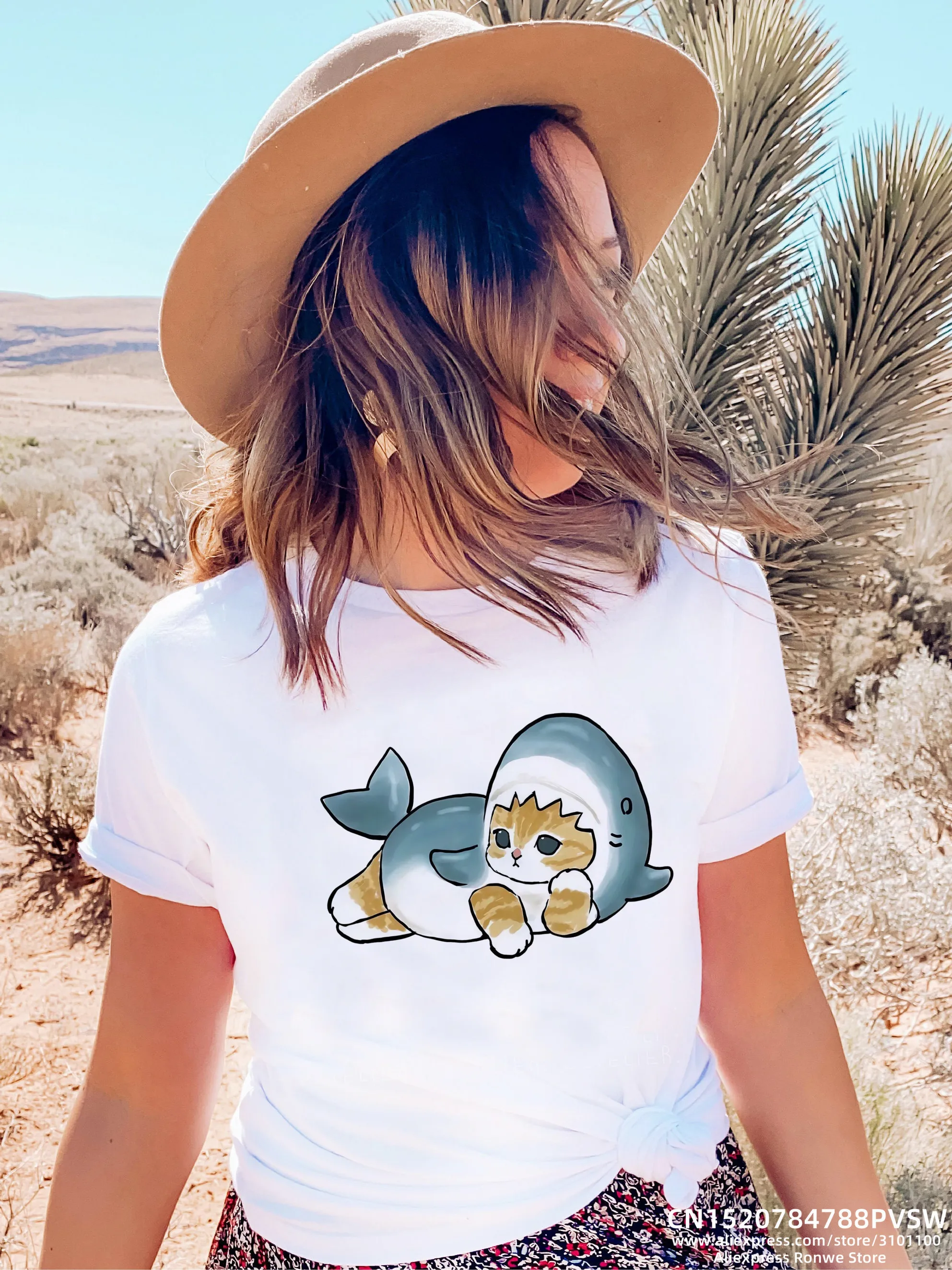 

Cute Shark Cat Women Print T-shirt Girl Y2K Short Sleeve Tees Tops Kawaii 90S Sweetshirts Female Harajuku Clothing