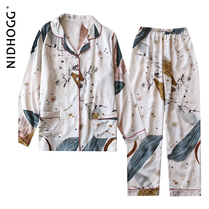 New 100% Viscose Long-sleeved Trousers Ladies Pajamas Suit Plus Size Long Sleepwear Women's Home Nightwear Satin Two Piece Set