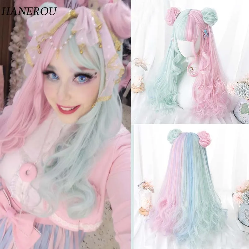 Синтетический длинный волнистый вьющийся парик розовые голубые двойные