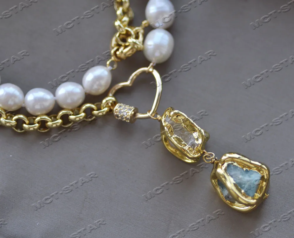 

MCT·STAR Z12563 20'' White Rice Pearl Chain Necklace Baroque Gold-Plated Crystal Pendant