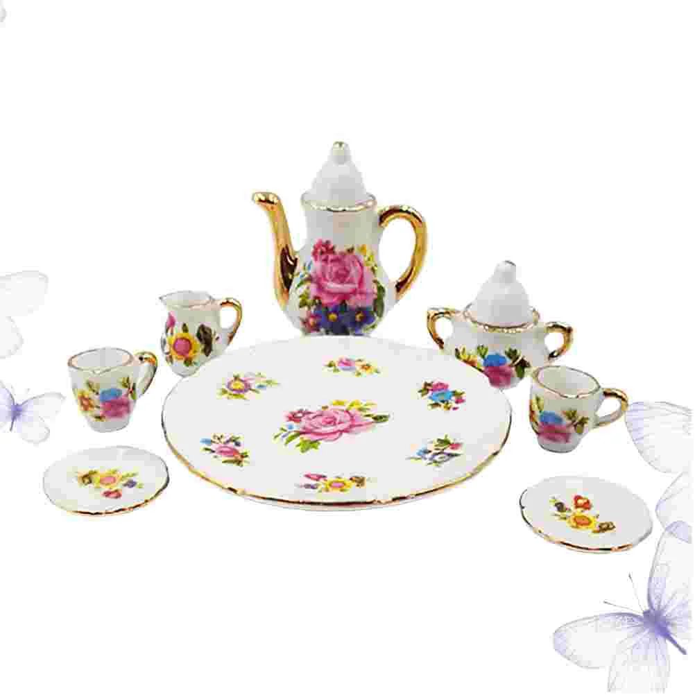 

8pcs Tea Set Lightweight Flower Pattern Decorative Tea Set Mini House Miniature Adornment for Family Friend