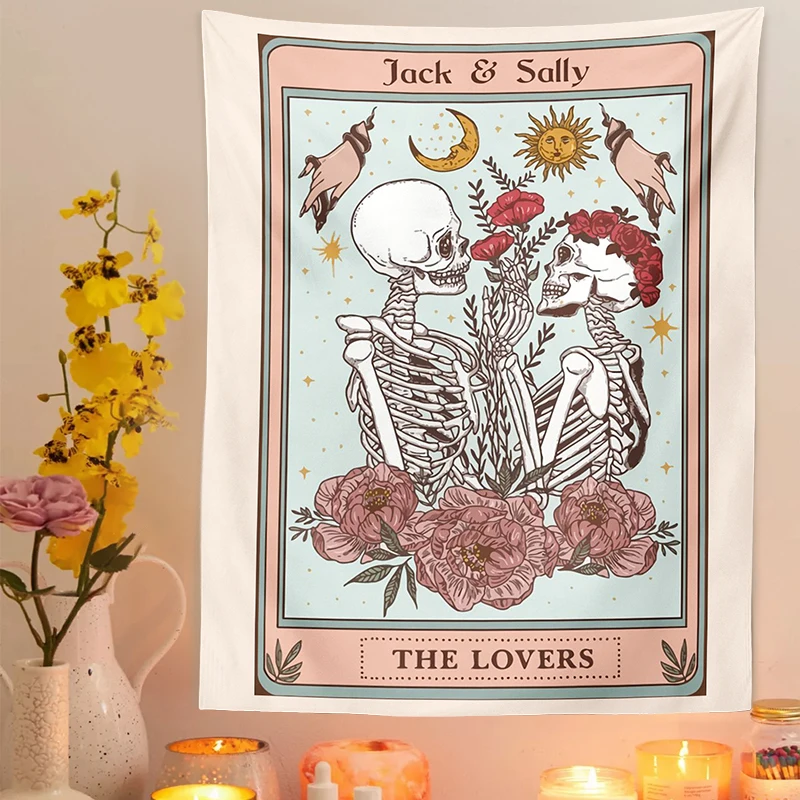 

Psychedelic Skull Tapestry Tarot the lovers Wall Hanging Skulls Flower Esotericism Human Skeleton Home Decor Accessories