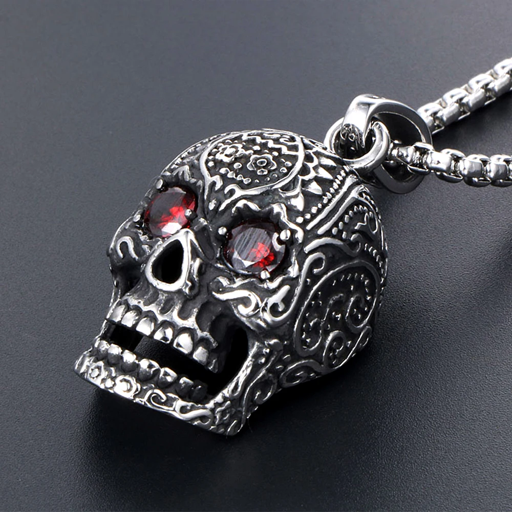 

Domineering Gothic Skull Pendant Necklace Men Stainless Steel Punk Redstone Eye Skeleton Biker Pendant Jewelry Gift Dropshipping