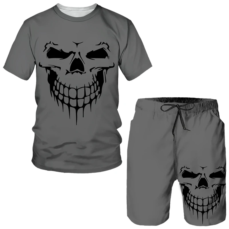 2023 Summer Punk Skull 3D 2 Piece Sets Men's Print Short Sleeve Sportswear Tracksuit Gothic Graphic Top Shorts Suit Male Outfits