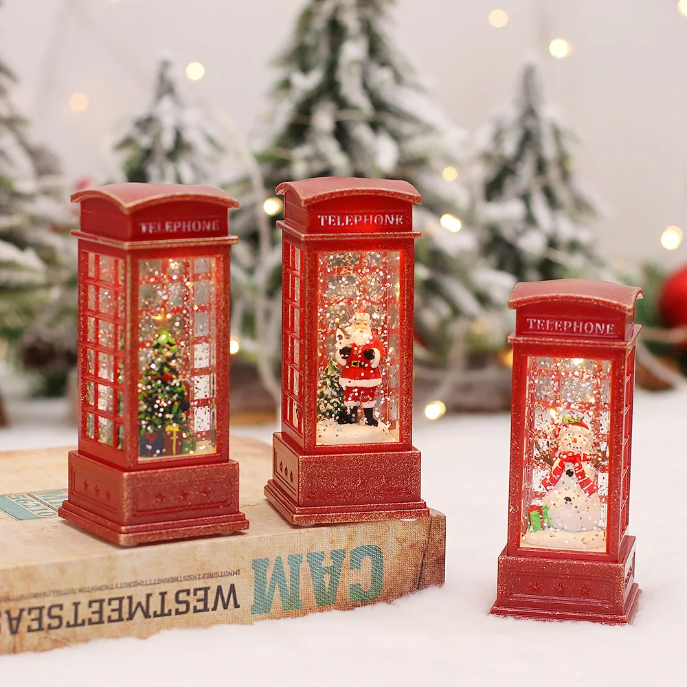 

Christmas decorations red luminous phone booth desktop decoration old man doll snow interior scene kindergarten gift