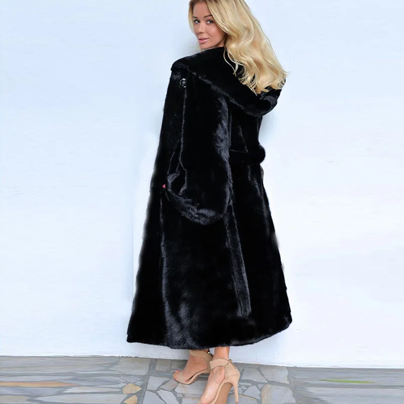 2022 Autumn/Winter New Faux Fur Coat Women's Long Style Over The Knee Hooded Belt Waist Oversized Thick Warm Fur Coats Female