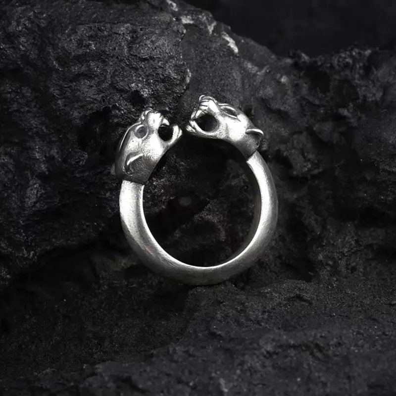 

Hot New Fashion Thai Silver Leopard Head Ring Bright Double Leopard Opening Adjustable Ring Punk Party Jewelry Gift