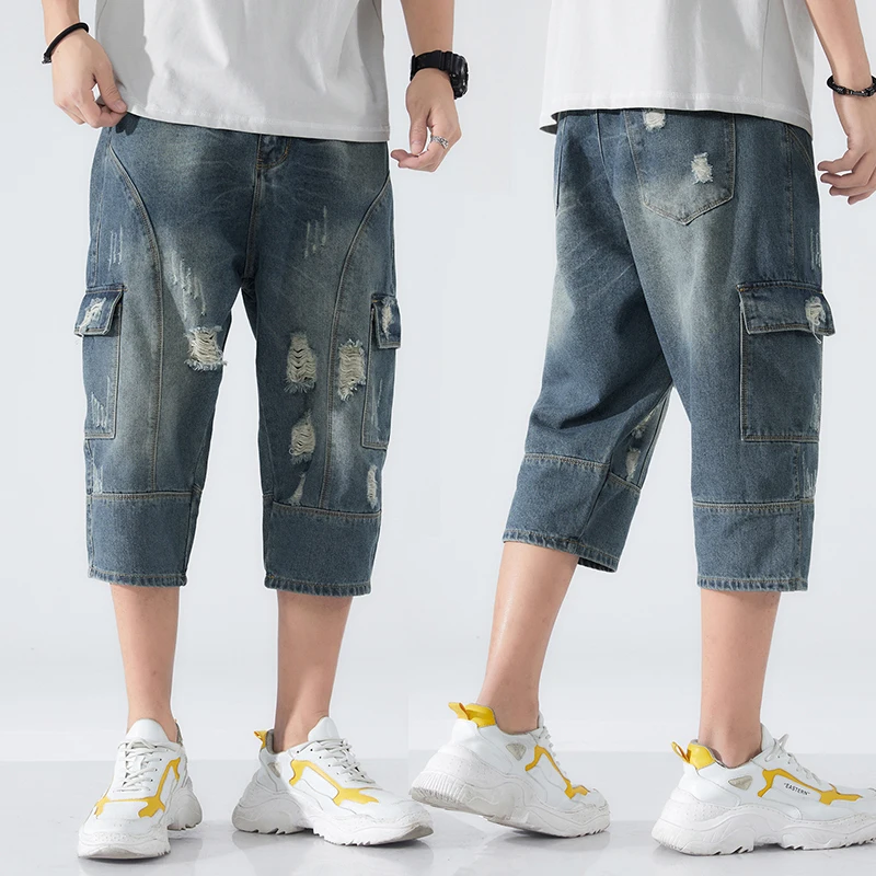 

Рваные джинсы, мужские джинсовые шорты с широкими штанинами, джинсы в стиле хип-хоп, мужские мешковатые брюки, свободные мужские брюки-султанки, укороченные брюки
